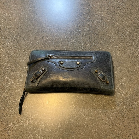 BALENCIAGA CLASSIC CONTINENTAL LONG ZIP AROUND WALLET CHARCOAL BLACK EUC $595 - Picture 2 of 5